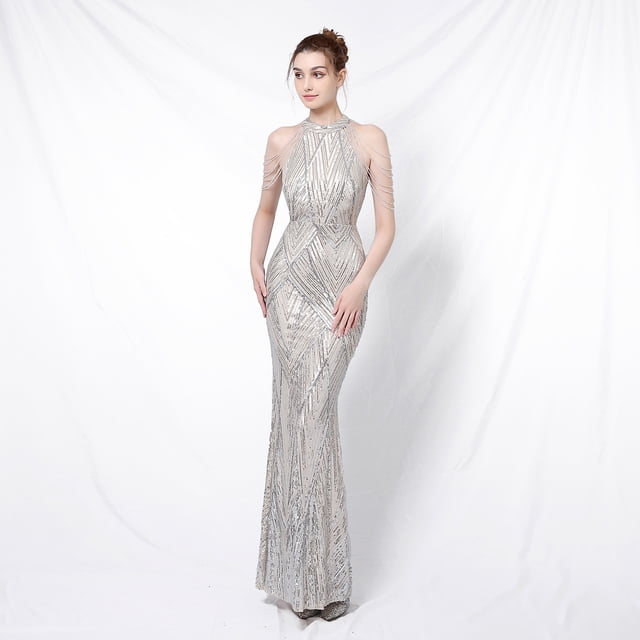 Banquete elegante largo halter lentejuelas damas atmósfera fría y hermosa reina vestido de noche de cola de pez