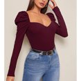 thumbnail image 3 of Camiseta para mujer Top elegante Puff Manga larga Slim Fit Color puro Tejido acanalado Sin espalda Pollover Rojo purpúreo S, 3 of 6
