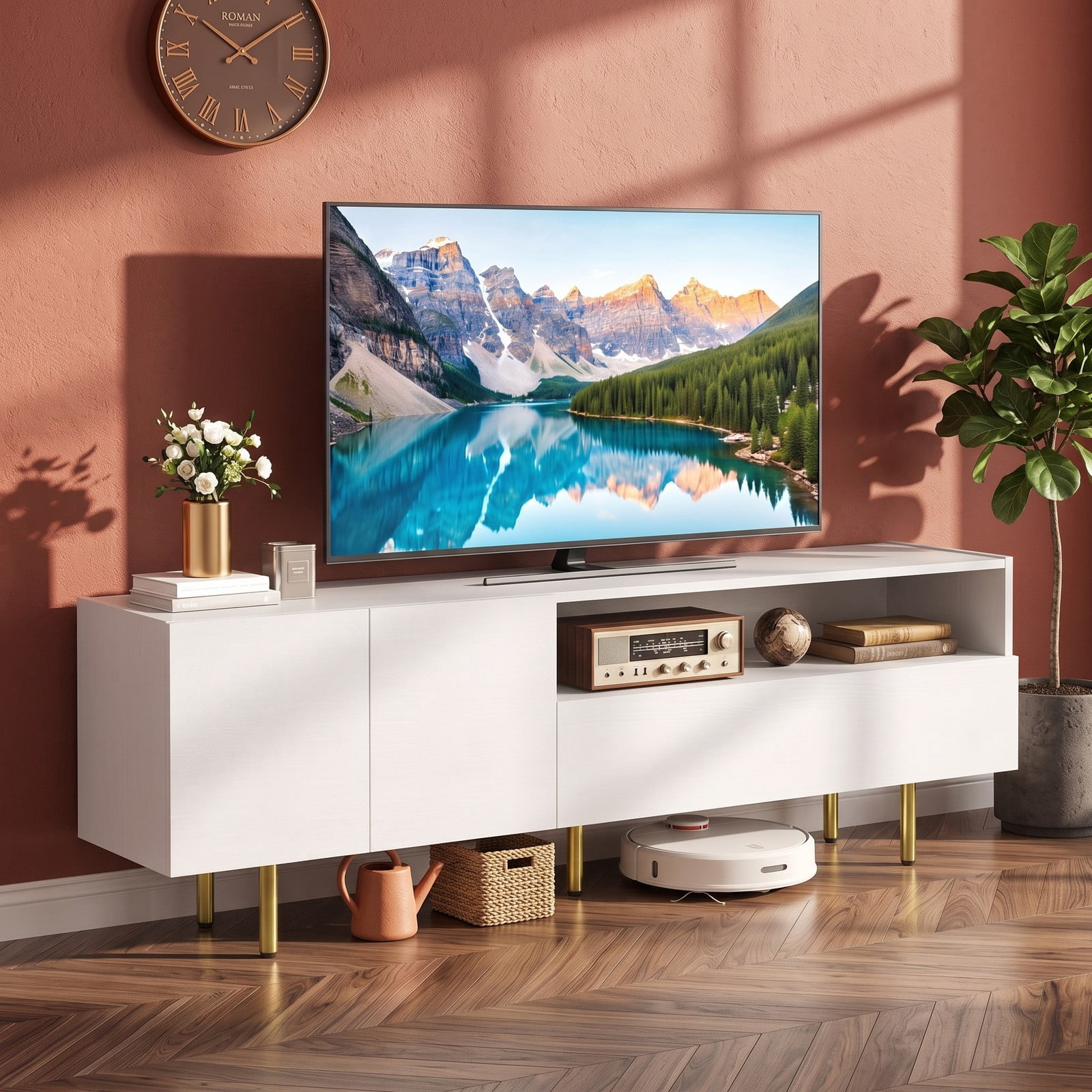 Furnibear 60 inch TV Stand for TVs up to 70 Inch with Storage Cabinet, Adjustable Shelf and Raised Metal Legs, Modern Entertainment Center Media Console for, White