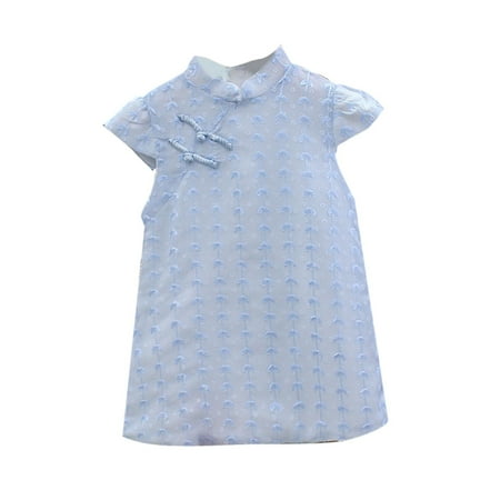

OJinShaWanO White Toddler Dress Shirt Girl Girls New Short Sleeve Solid Color Fashion Retro Cheongsam Dress Blue Cotton Blend 4-6 Years