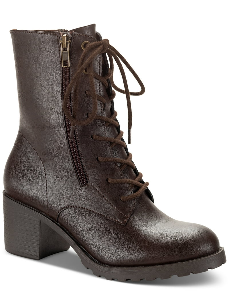 Sun + Stone Dark Leather Combat Boots. SUN STONE Womens Black Lace-Up Padded Frankiee Round Toe  main image 2