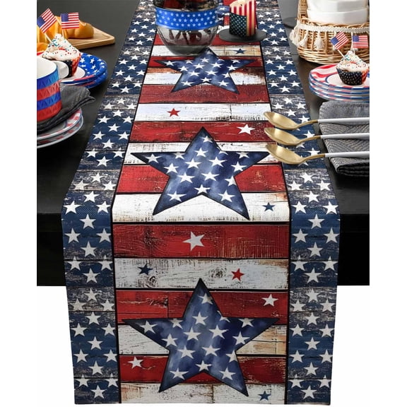 4th of July Table Runner Stars Patriotic Memorial Day Table Runners Red White Blue Wood Grain Independence Day Holiday Kitchen Dining Table Decor for Indoor Outdoor Home Party 13x72 inch