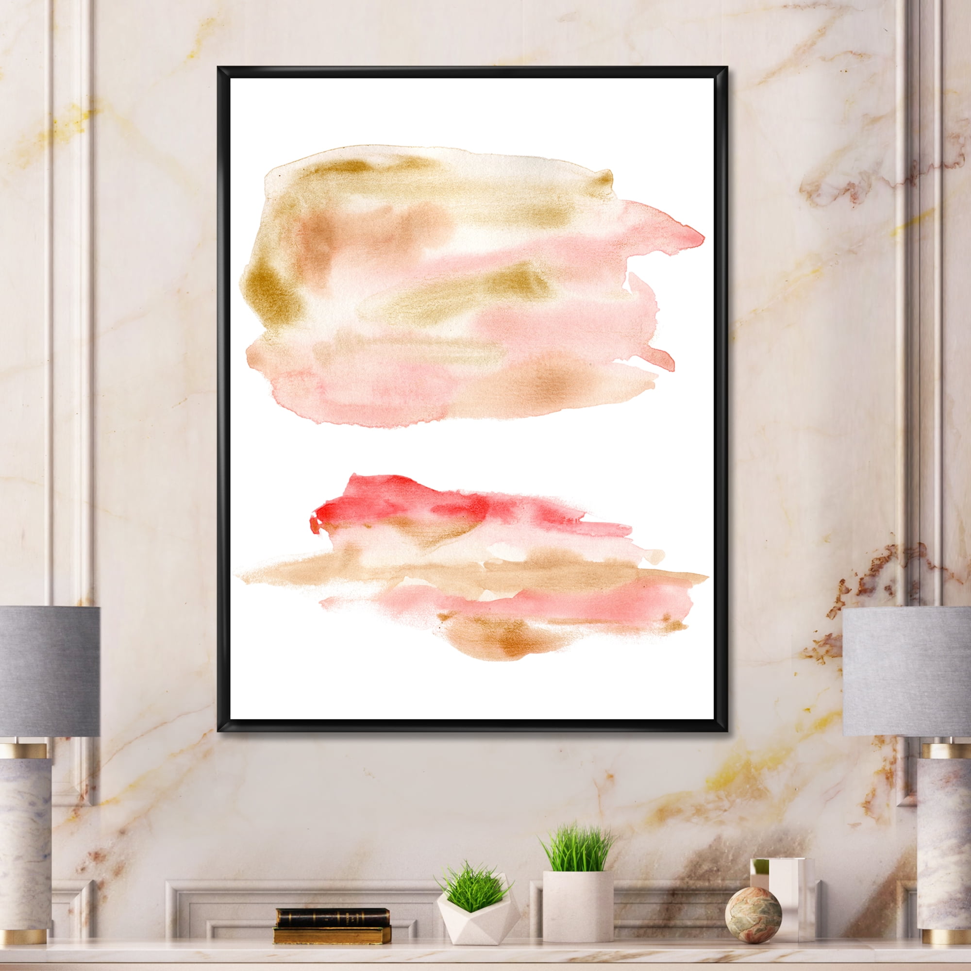Designart 'Abstract Clouds Set With Pink Gold Beige and Red' Modern Framed Canvas Wall Art Print