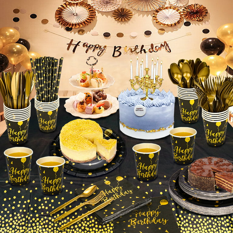 175PCS Black and Gold Party Supplies, Severs 25 Disposable Party Dinnerware,  Gold Plastic Forks Knives Spoons and Golden Dot Black Paper Plates, Black  Napkins Cups for Graduation, Birthday, Wedding