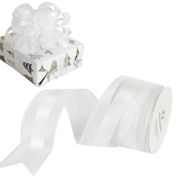 Cinta HUIHUANG blanca satinada con alambre transparente de 1,5 cm x 9 m