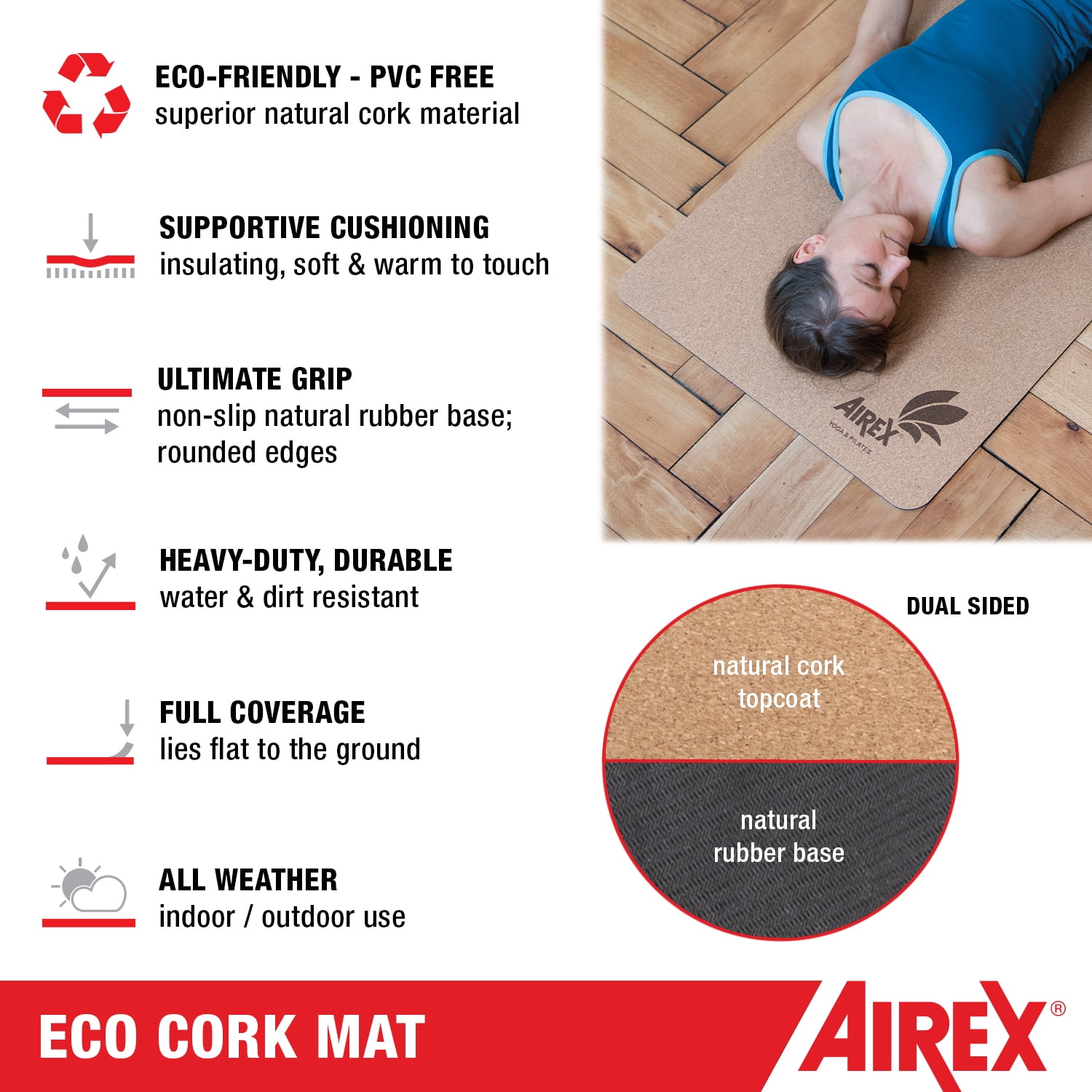 AIREX Exercise ECO Mat Fitness for Yoga, Physical Therapy, Rehabilitation, Balance & Stability Exercises - ECO Cork Mat
