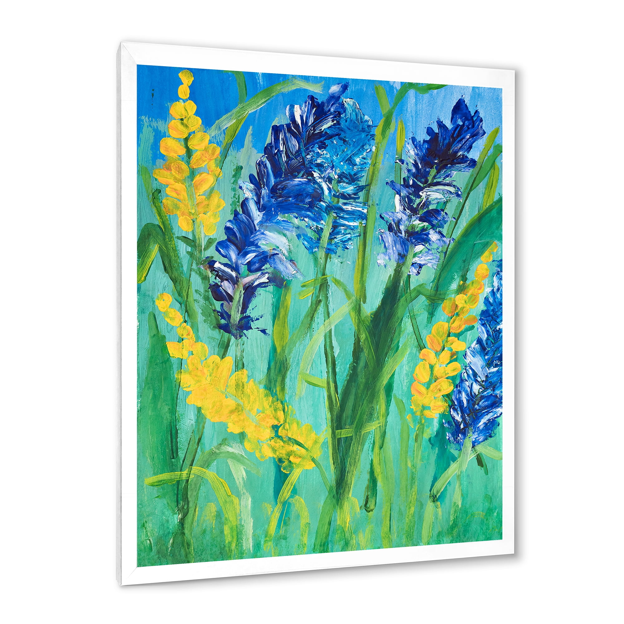 Designart 'Yellow and Blue Wild Flowers and Grass Gouache' Traditional Framed Art Print