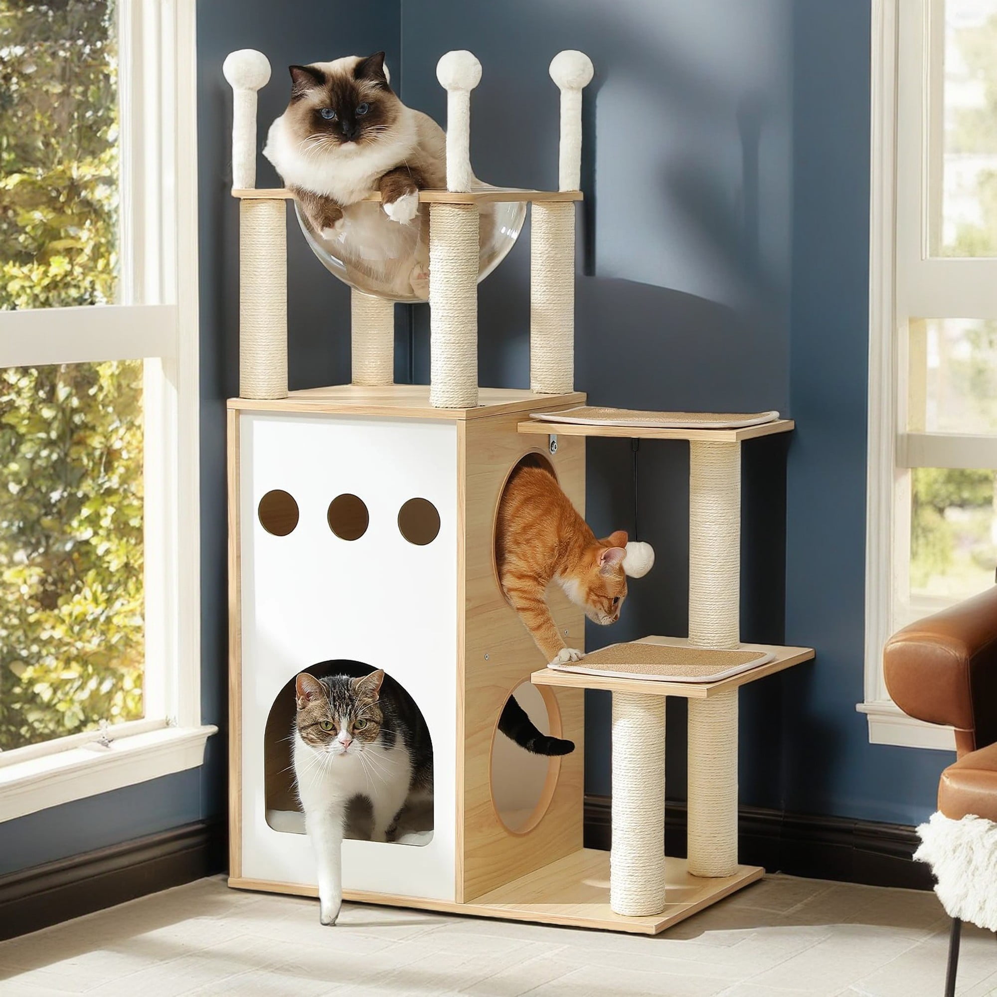 resenkos 42" Cat Tree House for Multiple Cats, Cat Tower with Double Spacious Condos Perch, Hammock, Kittens Activity Centre, Beige