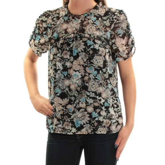 KENSIE $69 Womens New 1713 Black Floral Short Sleeve Crew Neck Casual Top XL B B