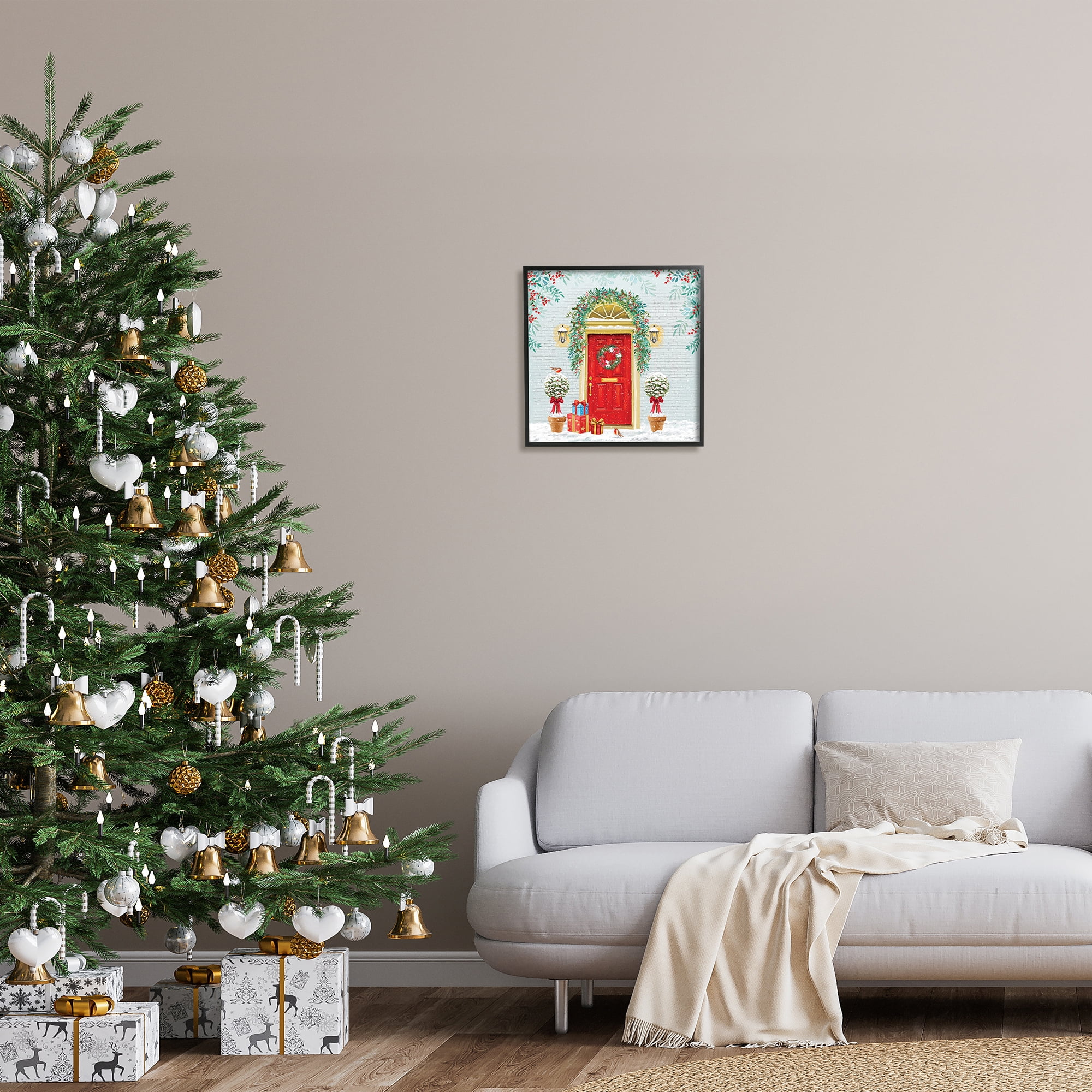 Stupell Industries Winter Doorway Christmas Gifts Holiday Painting Black Framed Art Print Wall Art
