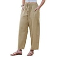 thumbnail image 4 of INSPIRE CHIC Wide Leg Pants for Women's Summer Casual Elastic Waist Drawstring Cotton Trousers with Pockets XS Khkai, 4 of 6