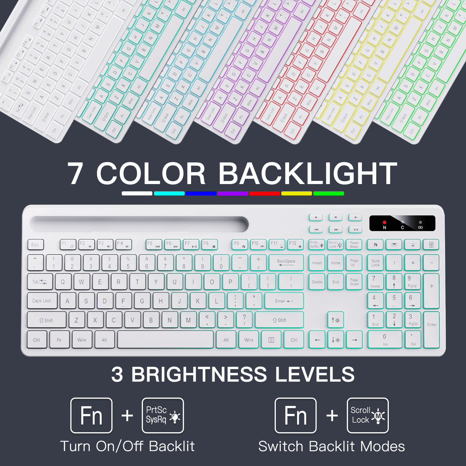 Wireless Keyboard with 7-Color RGB Backlit, Marvo Full-Size Computer Keyboard with Phone Tablet Holder, Rechargeable 2.4G Wireless Gaming Keyboard with Light up Keys, Compatible with Mac,Window,White