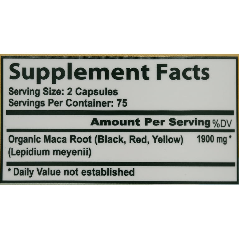 Organic Maca Root Black, Red, Yellow 1900 mg per serving - 150 Vegan Capsules Peruvian Maca Root Gelatinized