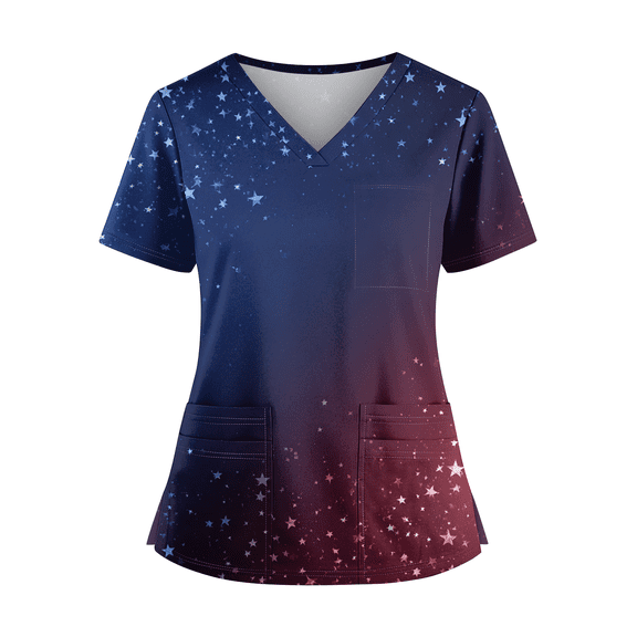 4th of July Scrub Tops Women Plus Size Loose Short Sleeve American Flag Print Scrub Shirts V Neck USA 250th Anniversary Patriotic Scrubs Medical Nurse Workwear Nursing Uniform with Pockets Blue 5XL