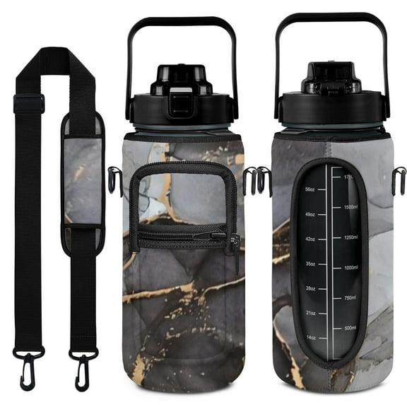 Marble Black&gold 64 Oz Half Gallon Water Bottle with Sleeve - BPA Free Leakproof Sport Large Plastic Water Bottle with Straw&Time Marker &Insulated Neoprene Holder Carrier Bag Gift for Women Men