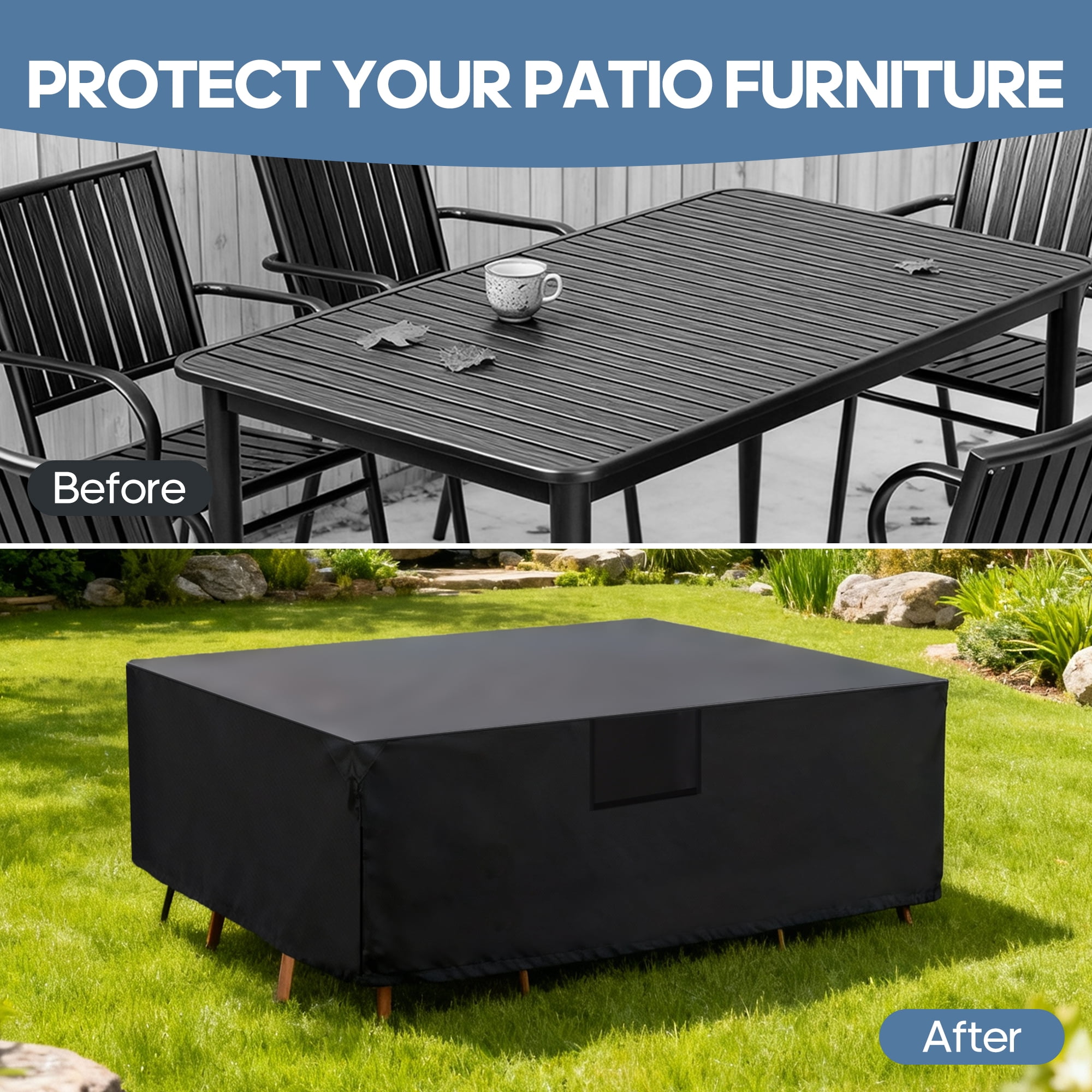 SHOUFTW Rectangular Patio Furniture Cover, 600D Waterproof Outdoor Dining Table & Chair Cover, Heavy Duty, Black