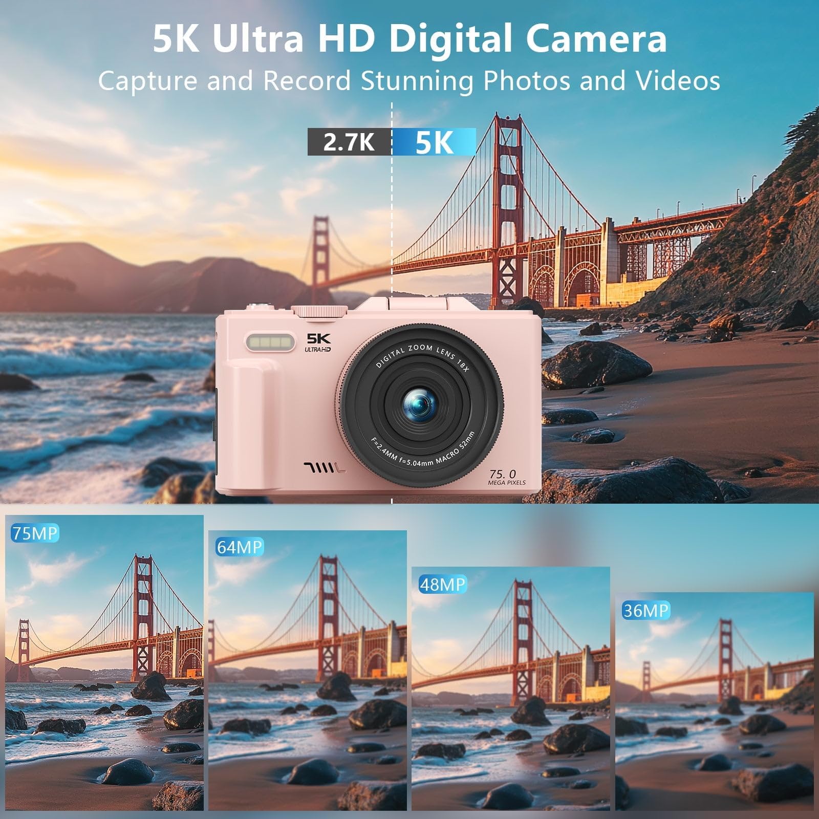 KLIOMAX 5K 75MP Digital Camera with WiFi, Autofocus, 3" Flip Screen & 18X Zoom – Compact Vlogging Camera for Photography & Video, Starter Kit (Pink)