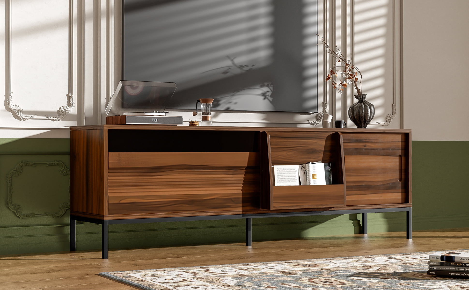 Euroco 70.8'' Modern TV Stand for TVs up to 75 Inches, Entertainment Center with Storage Space, Sliding Doors, Adjustable Shelves and Metal Frame, Mid Century Modern Media TV Console Table