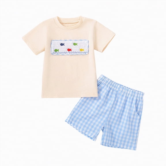 TOWED22 Baby Boy Summer Outfit Truck Embroidery Tops and Plaid Shorts Set Toddler Boy Spring Summer Clothes Beige,12-18 M