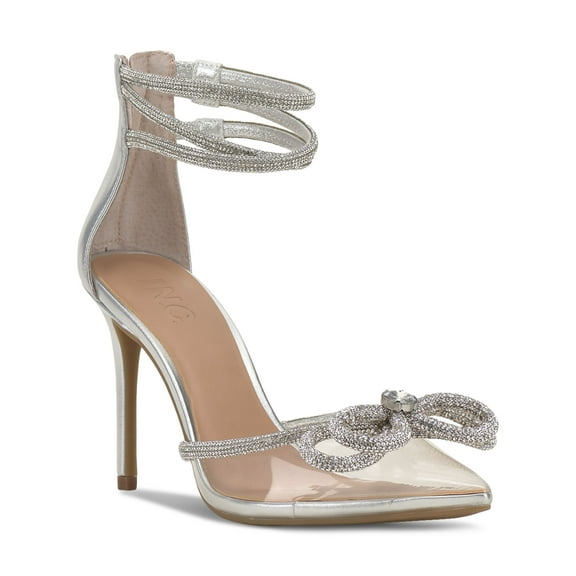 INC Womens Silver Translucent Ankle Straps Padded Embellished Bow Accent Laynea Pointed Toe Stiletto Zip-Up Dress Pumps Shoes 10.5 M
