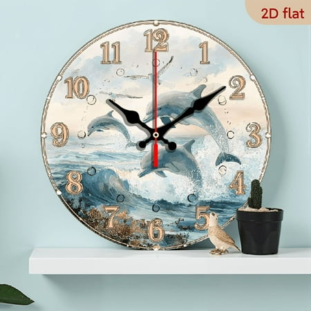 2D Flat 1pc 10Inch Wooden Silent Non-Ticking Quartz Wall Clock - Oceanic Dolphin Design with Jumping Dolphins, Seascape Background - Modern Coastal Decor for Living Room