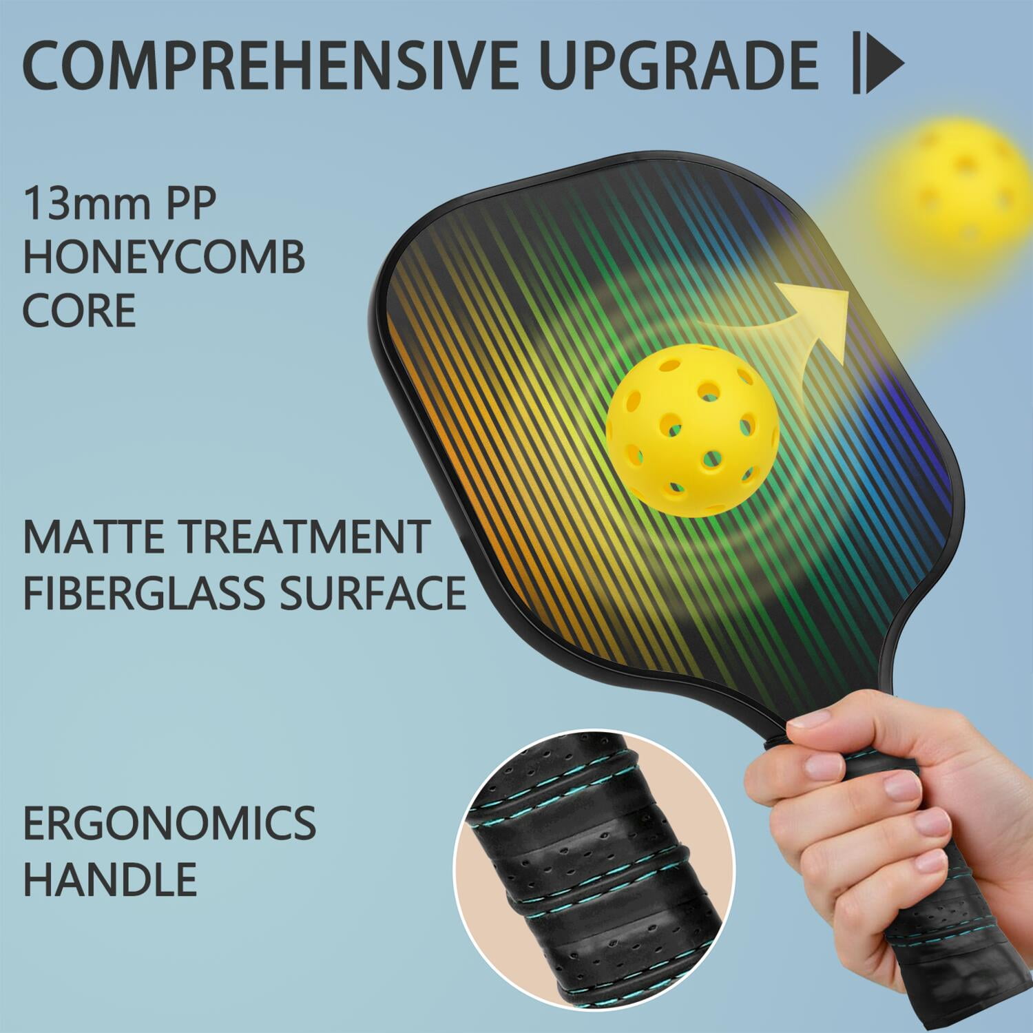 Pickleball Paddles Set Of 2, Fiberglass Surface, Vibrant Rainbow Print, 4 Balls & Bag