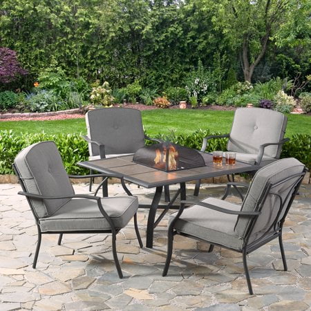Mainstays Holten Ridge 5 Piece Tile Top Fire Pit Set With Gray Cushions Com - 5 Piece Patio Set With Fire Table