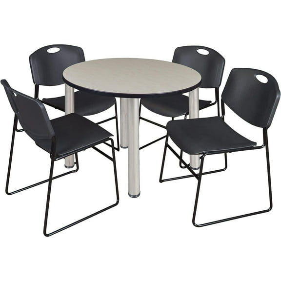 Homestock Retro Revival 36" Round Lounge Table Maple/ Chrome With 4 Nesting Chairs, Black - Ergonomic Breakroom Furniture Set For Staff Break Room, Tables & Chair, Breakroom Set
