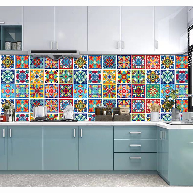 Calcomanías Para Azulejos Pegatinas de suelo de baldosas de patrón Retro, pegatinas de pasta impermeables para baño y cocina de PVC