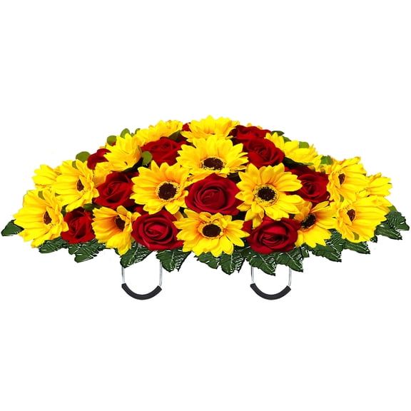 Artificial Autumn Summer Sunflower Cemetery Flowers Outdoor Grave Decorations Saddle Arrangement for Headstone, Outdoor Tombstone Memorial Decorations, Easy Fit(Yellow Red)