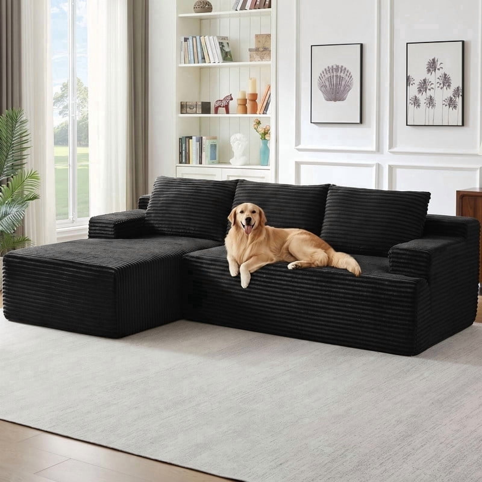 96" Boneless Cloud Couch with Chaise, Modular Sectional Sofa for Living Room, No Assembly Required, Deep Seat Corduroy Couch, Black