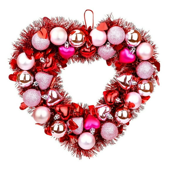 Xmarks 11.8'' Valentines Day Heart Wreath Tinsel Ball Heart Shaped Wreath Ornaments for Front Door, Hanging Wall Ornament for Mothers Valentines Day Wedding Party Proposal  Anniversary Decoration