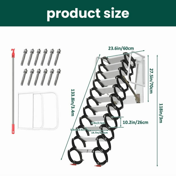 Grade 12 Titanium Magnesium Alloy 12-Step Foldable Anti-Slip 10FT Wall Mounted Ladder for Loft Industrial Plant Home Storage Room