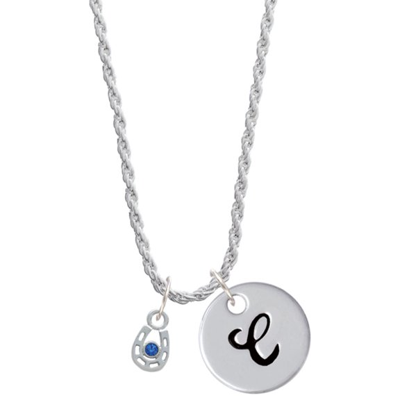 Delight Jewelry Silvertone Mini Horseshoe with Blue Crystal Silvertone Script Initial Disc - C - Charm Necklace, 20"+3"