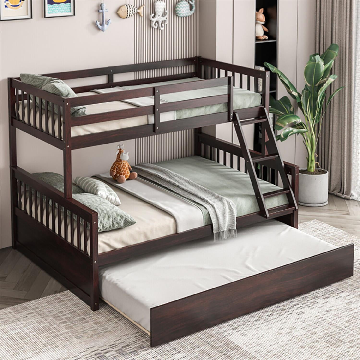 Demi Bonn Twin Pull-Out Bunk Beds with Ladder in the Steps and a Trundle, Full Convertible Bunk Bed Platform, Brown