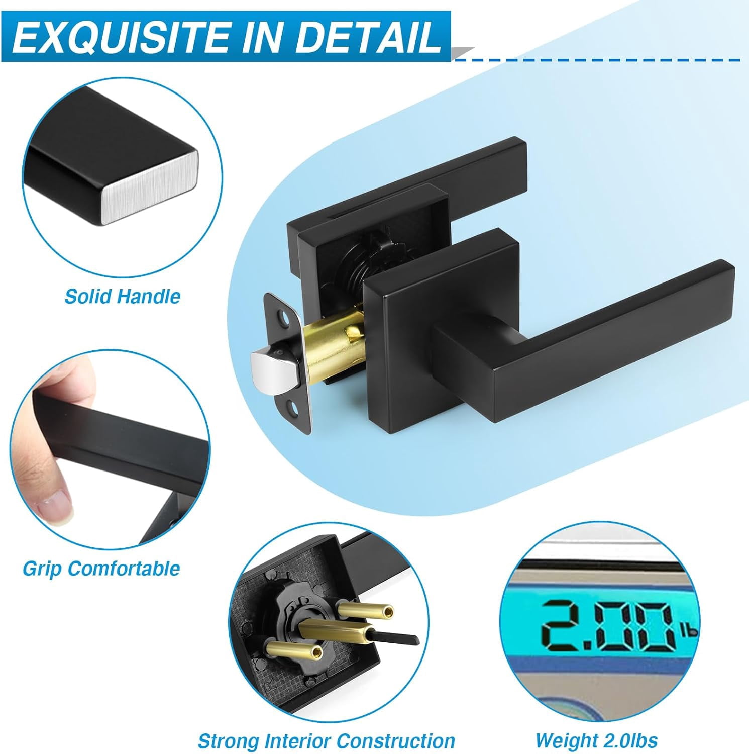 2 Pack Matte Black Door Handles, Passage Door Levers for Hallway & Closet, Interior Keyless Door Knobs Heavy Duty Square Non-Locking Handlesets(2.0lb), Reversible for Left & Right Sided Doors
