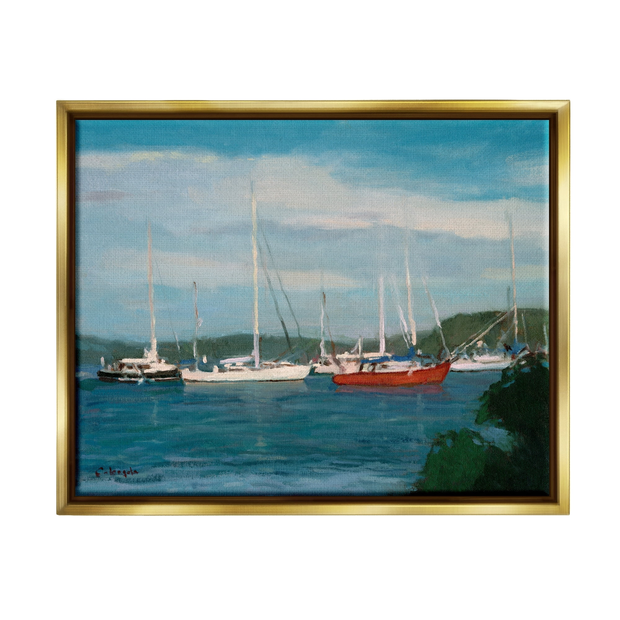 Stupell Industries Sailboat Fleet Afloat Ocean Water Distant Hills Painting Metallic Gold Floating Framed Canvas Print Wall Art, Design by Stephen Calcasola