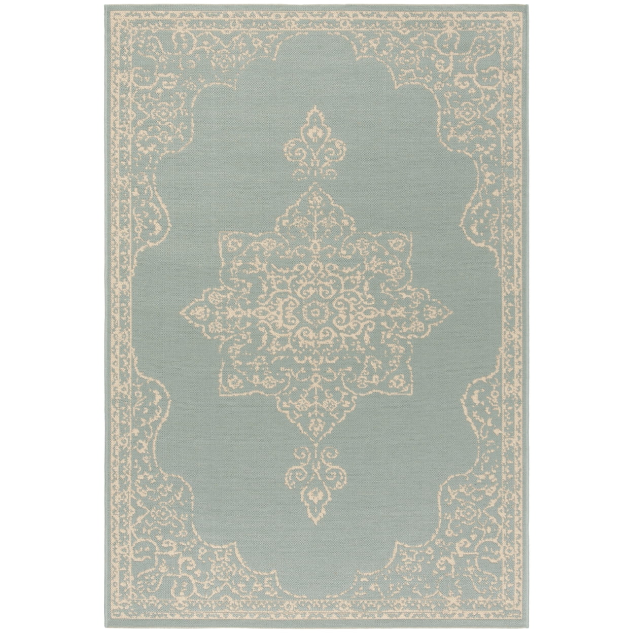 SAFAVIEH Beach House Harding Traditional Indoor/Outdoor Area Rug Cream/Aqua, 5'3" x 7'6"