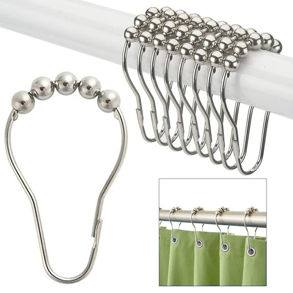 12 Glide Roller Shower Curtain Rings Hooks Clip Rod Stainless Steel Metal Balls