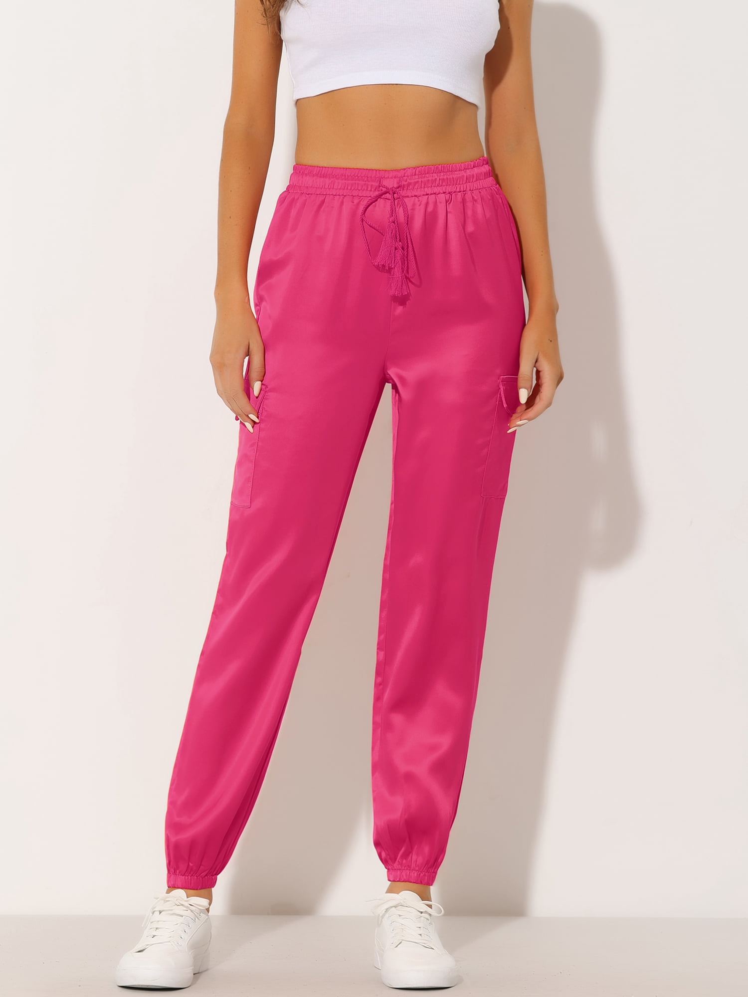 DARING DIVA Women's Drawstring Elastic High Waist Satin Cargo Pants S Rose Red