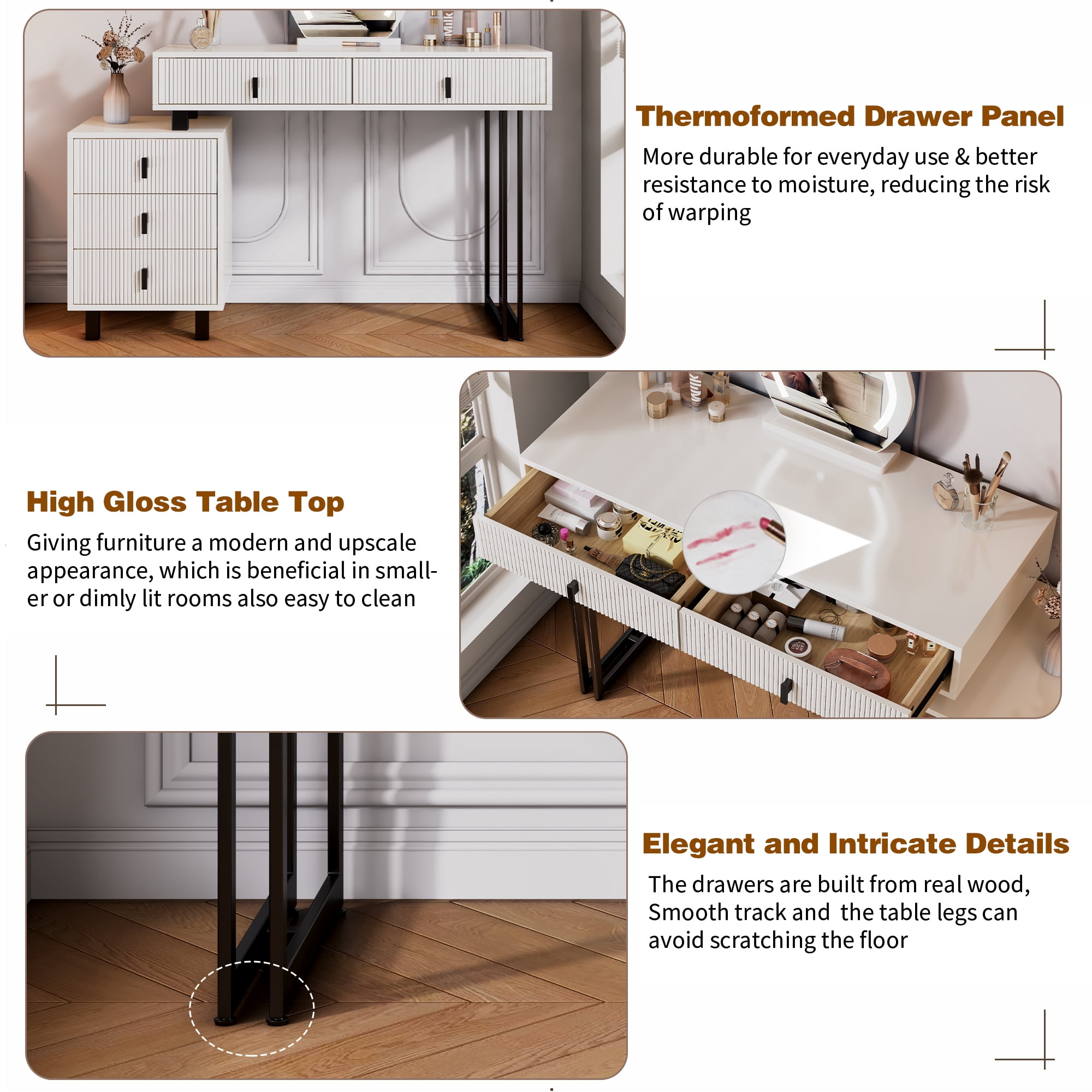 Mintazer Modern Vanity Desk with Cloud LED Mirror & Reversible Side Cabinet, Ribbed Texture Makeup Vanity Table with 5 Drawers & Gloss Top for Bedroom, White