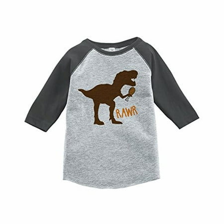 

7 ate 9 Apparel Kids Dinosaur Thanksgiving Grey Baseball Tee