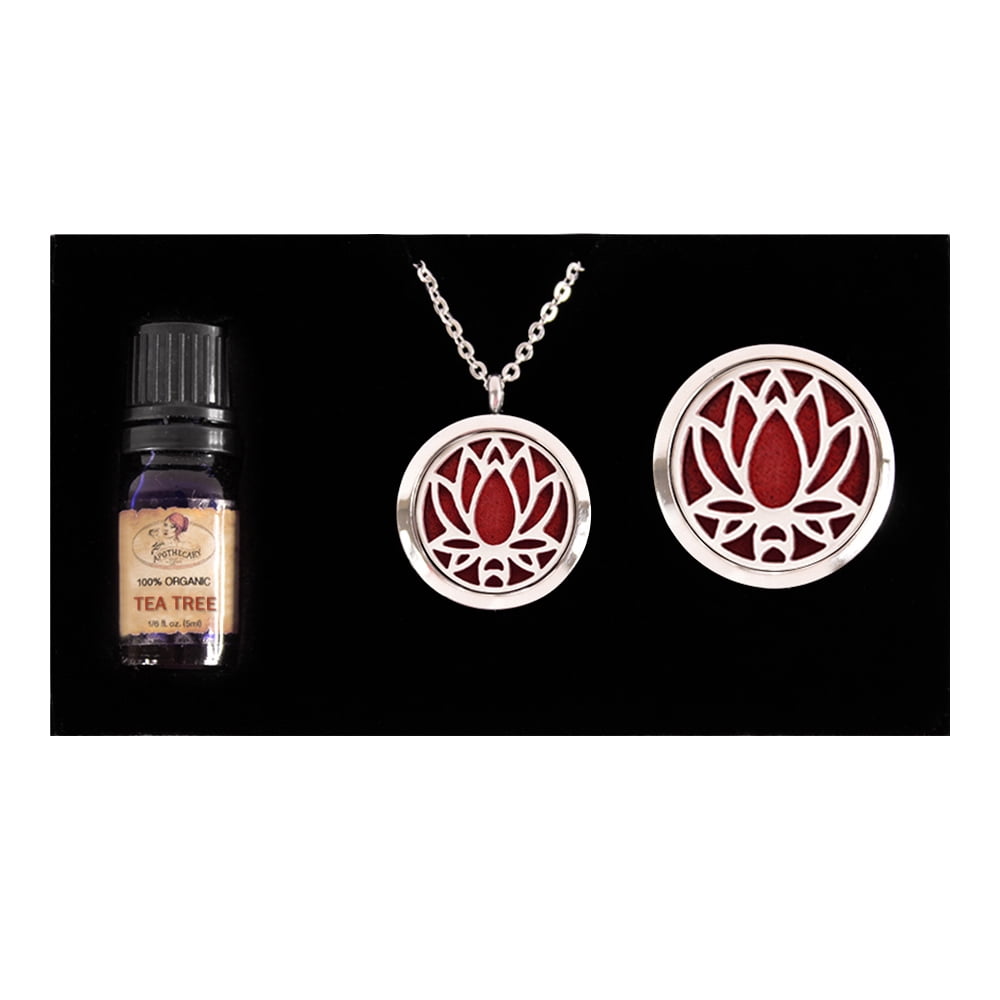 Lotus Essential Oil Mother's Day Gift for Her Girlfriend Wife Girlfriend Diffuser Necklace & Car Clip Aromatherapy Jewelry Organic Essential Oil Jewelry Gift Set -Tea Tree Oil