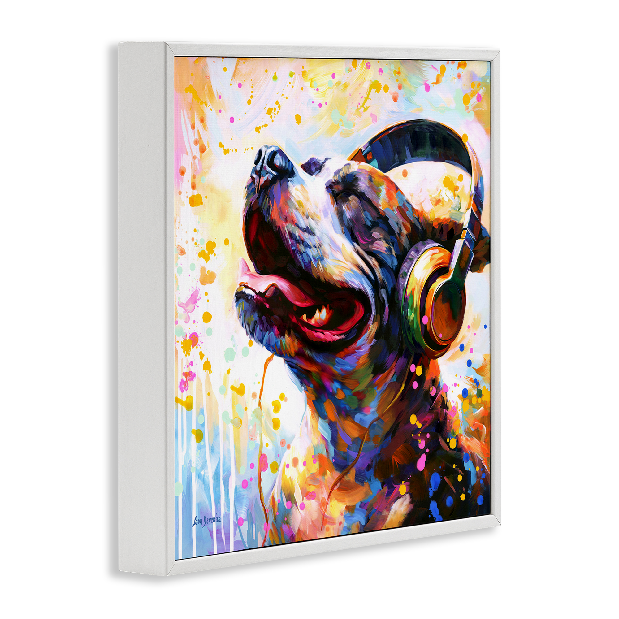 Stupell Industries Happy Dog & Headphones Animals & Insects Painting White Framed Art Print Wall Art, 17 x 17