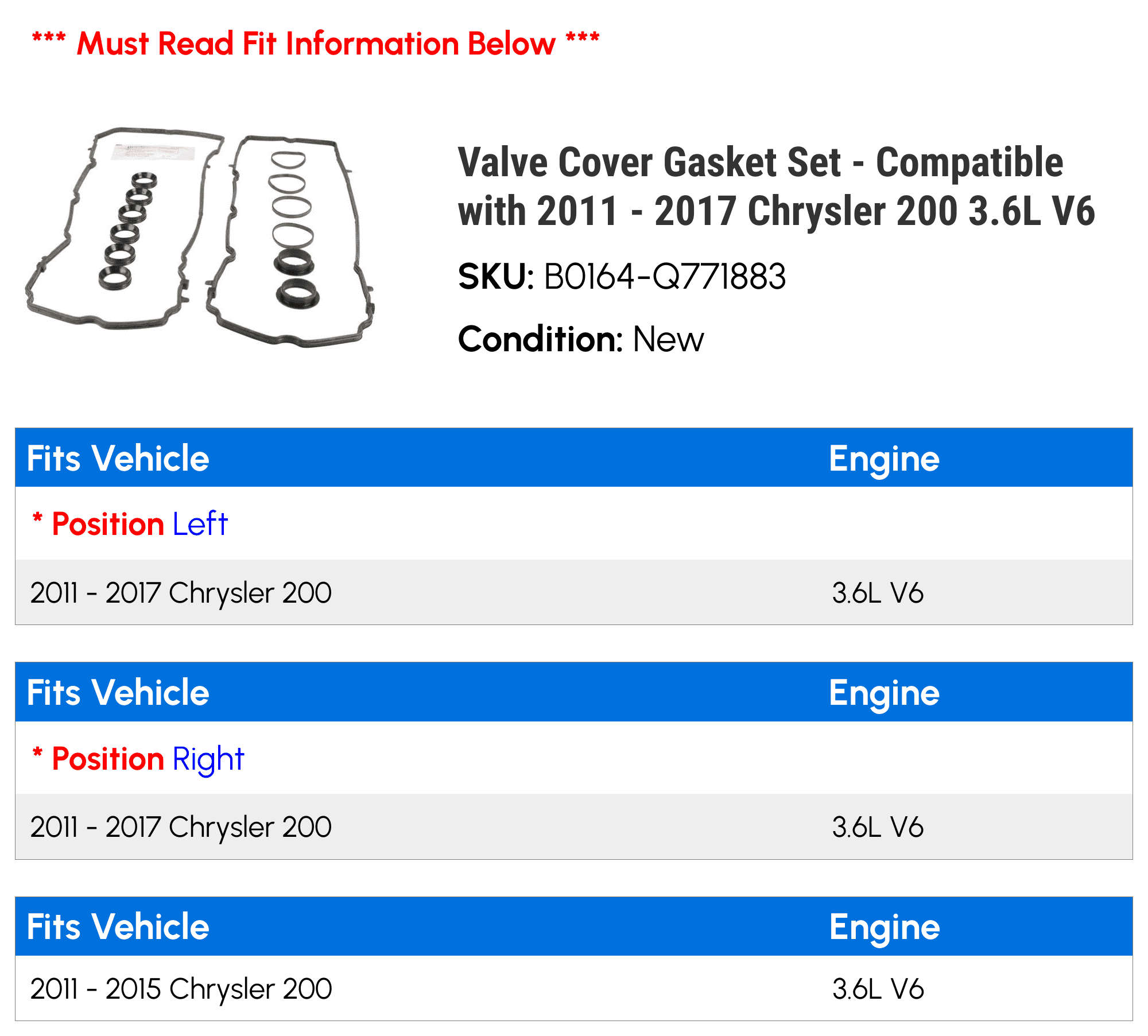 Valve Cover Gasket Set - Compatible with 2011 - 2017 Chrysler 200 3.6L V6 2012 2013 2014 2015 2016