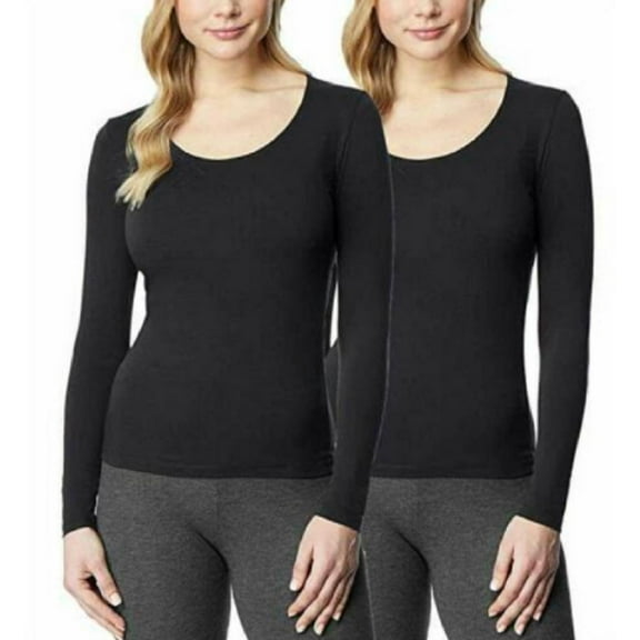 32 DEGREES Womens 2-Pack Scoop Neck, Long Sleeve Base Layer Shirt (Black/Black, Medium)