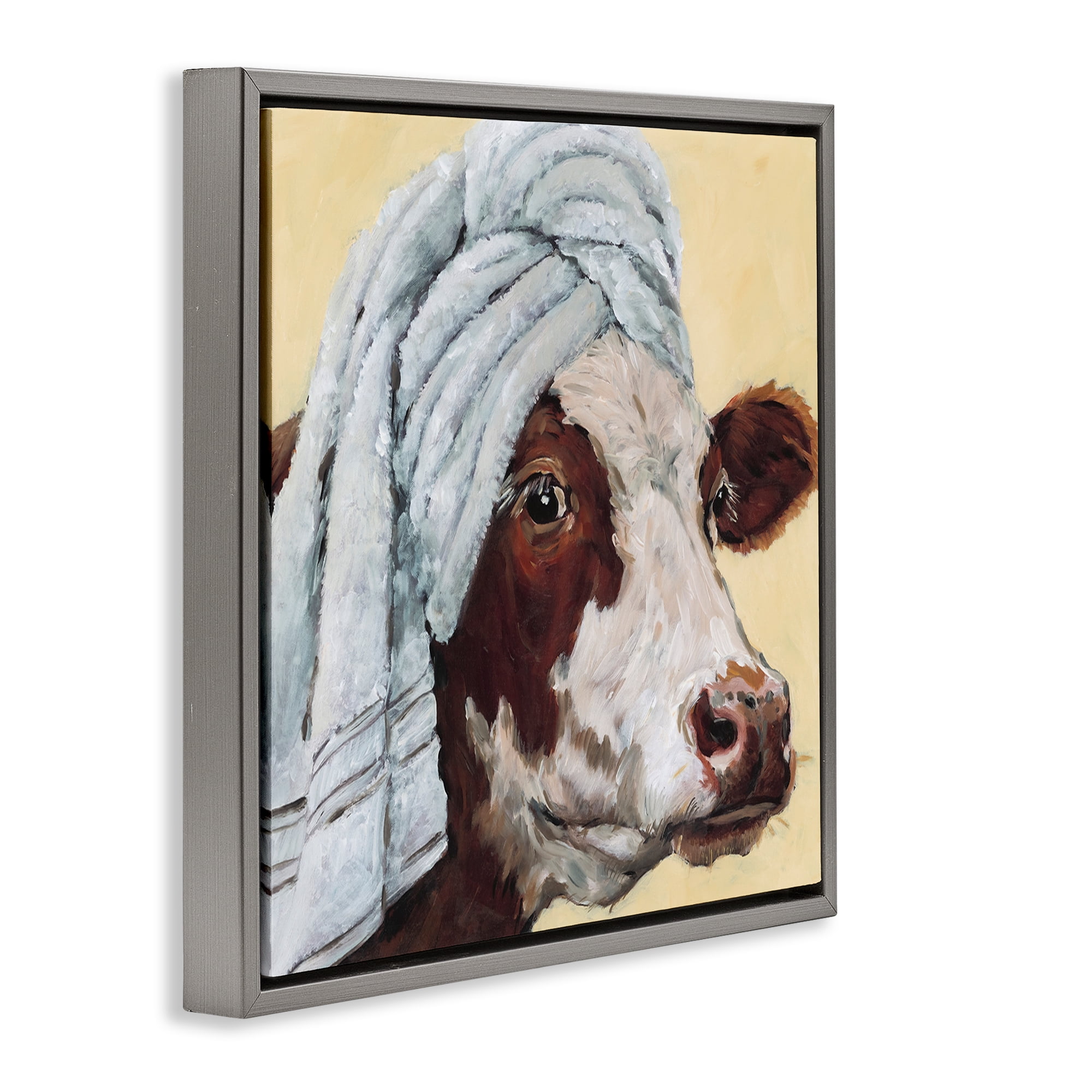 Stupell Industries Cow Spa with Towel Gray Framed Floater Canvas Wall Art, design by Studio Bautista