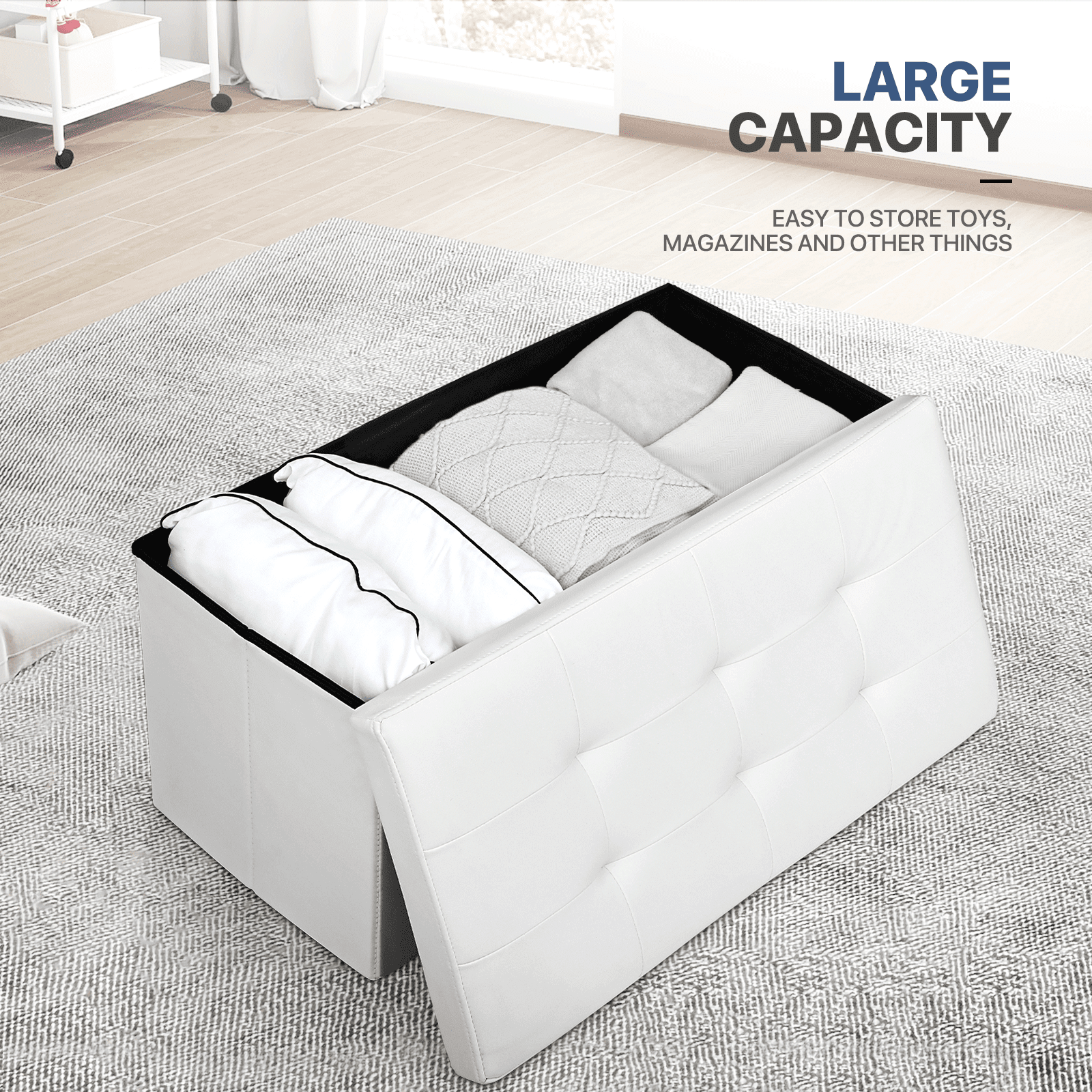 MoNiBloom 30" Folding Storage Ottoman Bench, PU Leather Collapsible Footrest Ottoman with Storage, for Living Room Bedroom Entryway, White