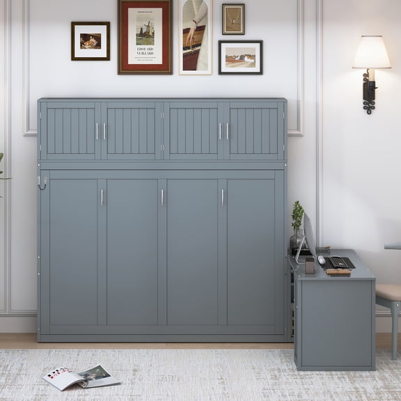 Queen Size Wall Murphy Bed with Desk and Storage Shelves and Big Cabinets, Gray