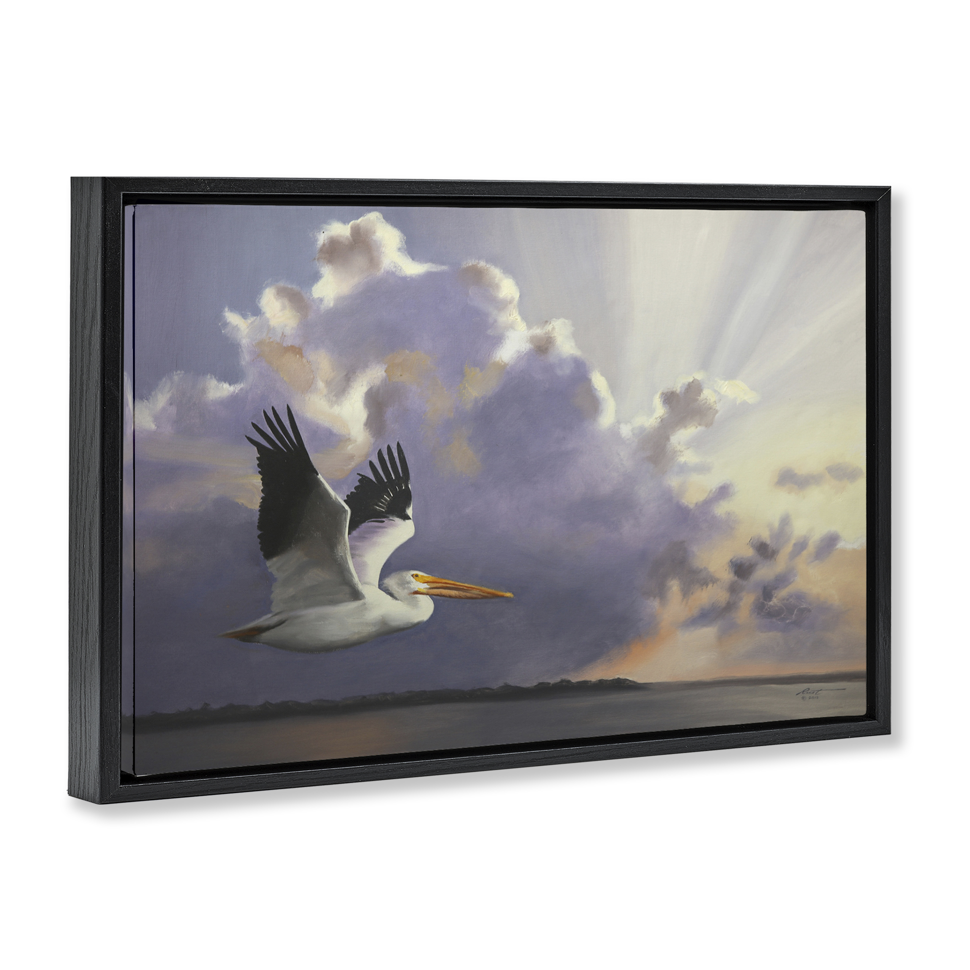 Stupell Industries Dawn Sunrise Pelican Landscape Painting Black Floater Framed Canvas Art Print Wall Art, 31 x 21
